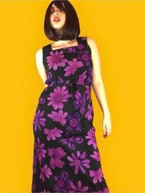 Vintage Black Maxi Dress with Purple Floral Print